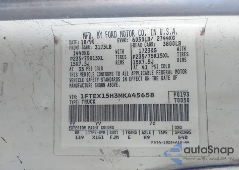 1991 Ford F150 z USA, uszkodzony, nr VIN 1FTEX15H3MKA45658